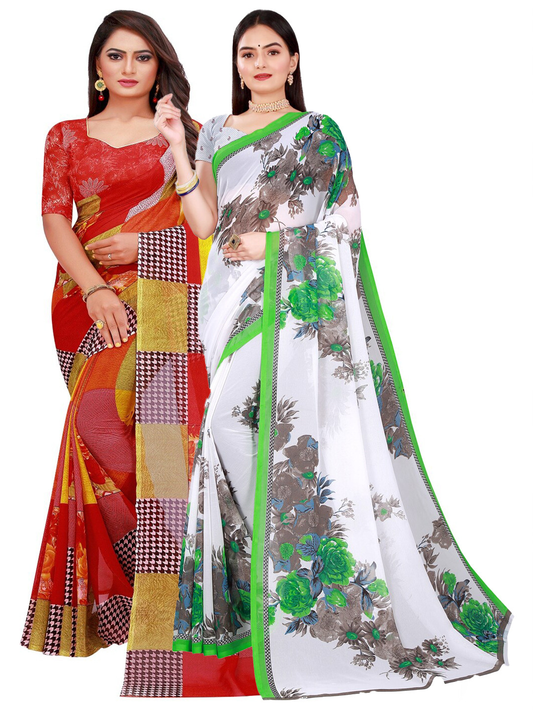 

KALINI Women Pack Of 2 White & Red Printed Pure Georgette Saree