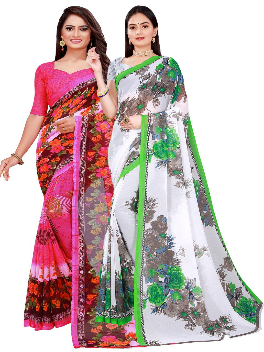

KALINI Pack of 2 White & Pink Floral Pure Georgette Saree