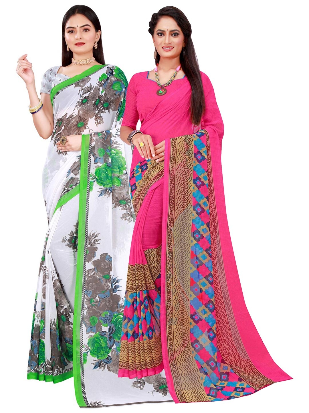 

KALINI White & Pink Pack of 2 Printed Pure Georgette Saree
