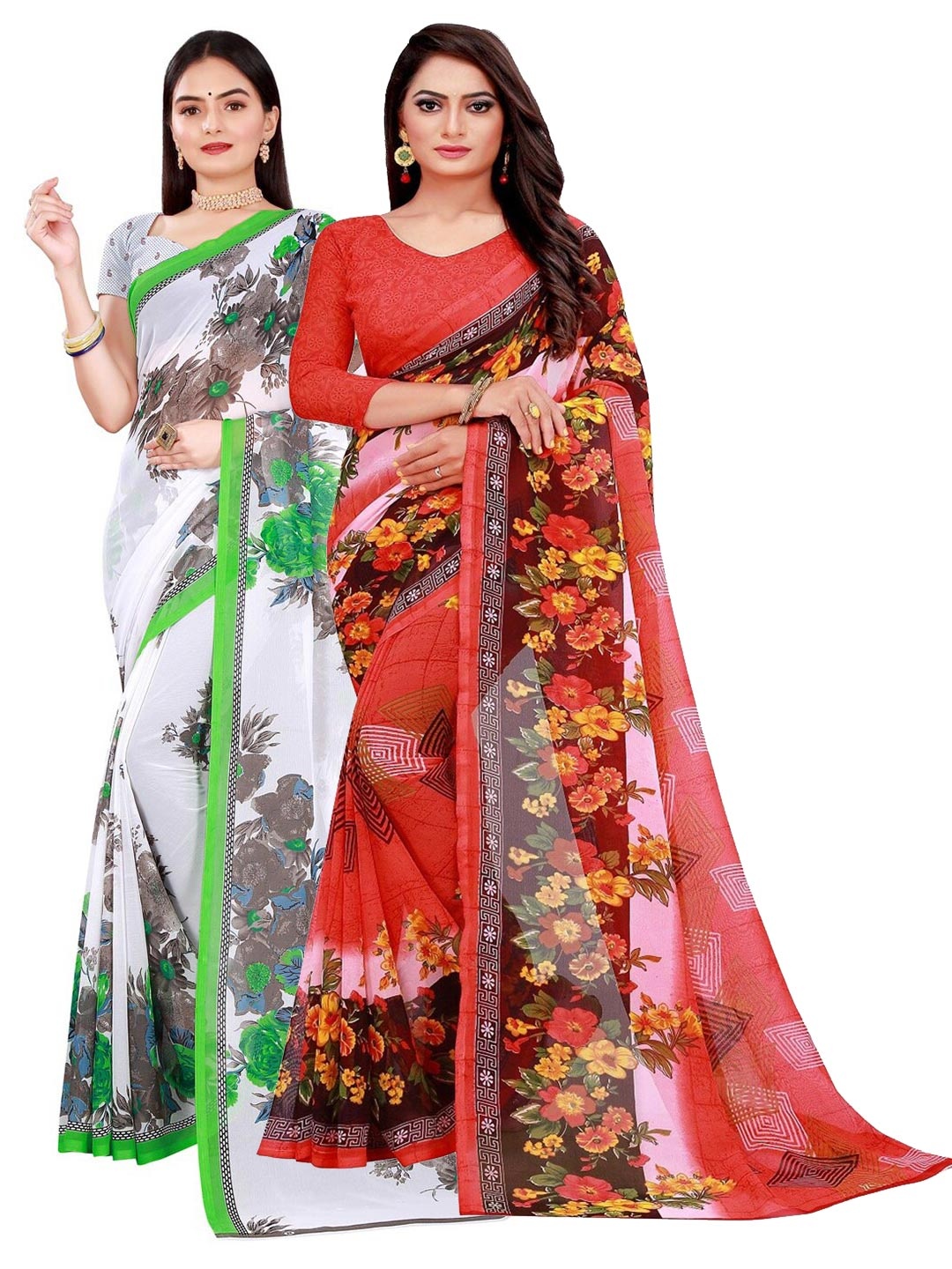 

KALINI Pack of 2 White & Red Floral Pure Georgette Saree