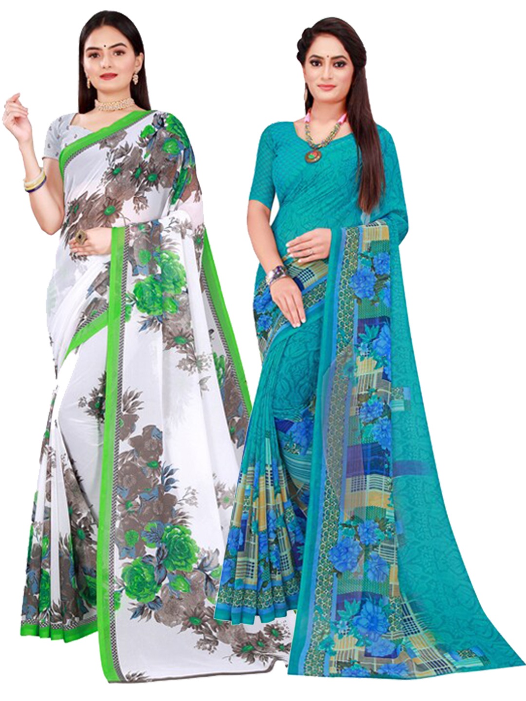 

KALINI White & Turquoise Blue Pure Georgette Pack Of 2 Saree