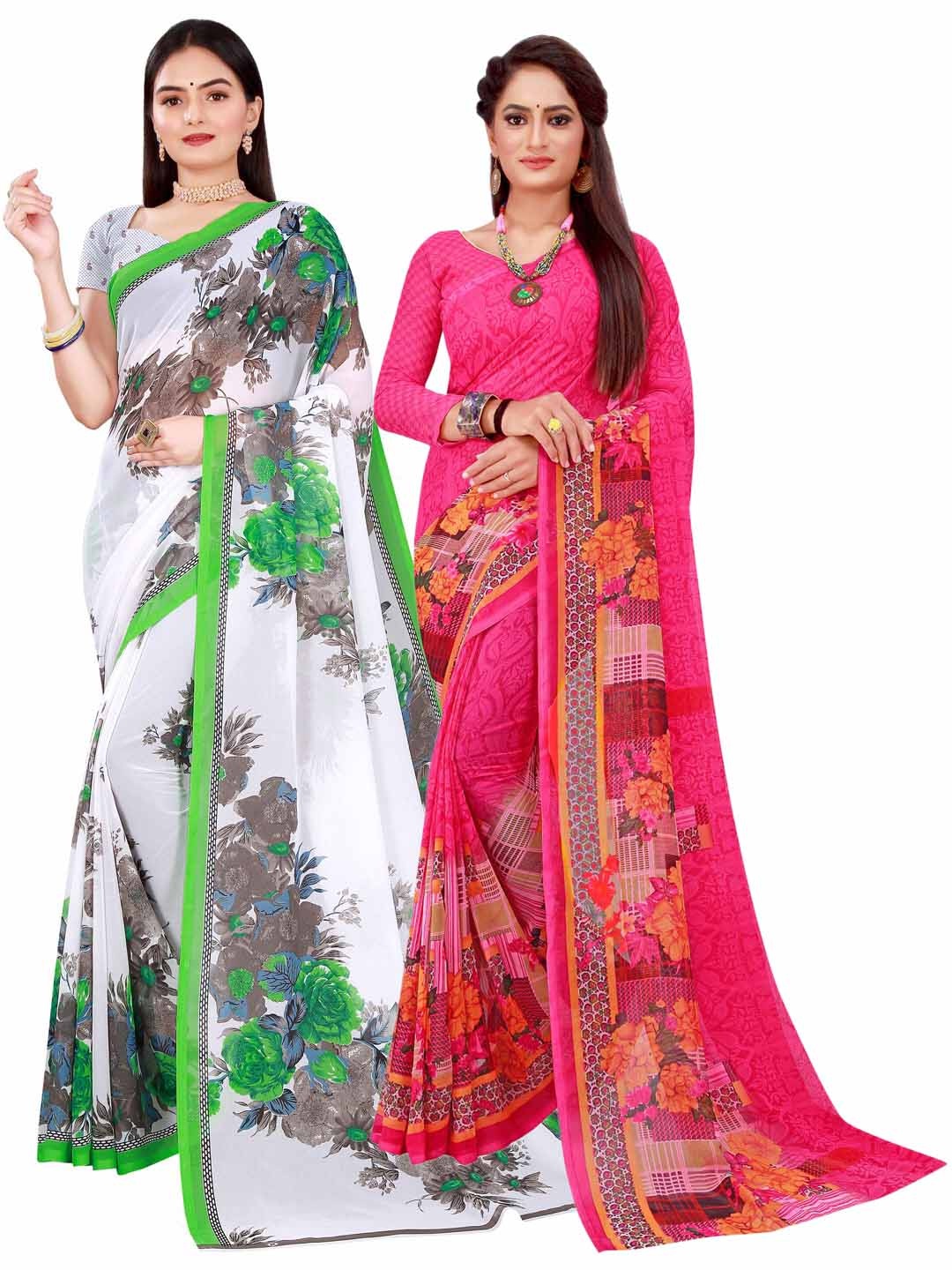 

KALINI Pack Of 2 White & Pink Floral Pure Georgette Saree