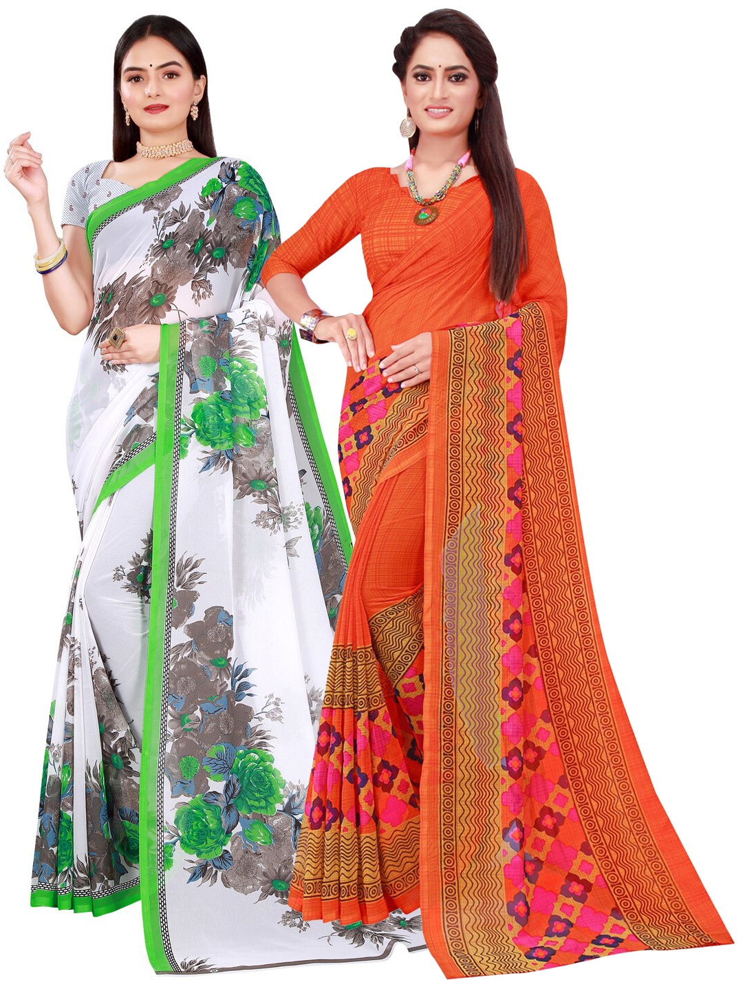 

KALINI Set Of 2 White & Red Printed Floral Pure Georgette Saree