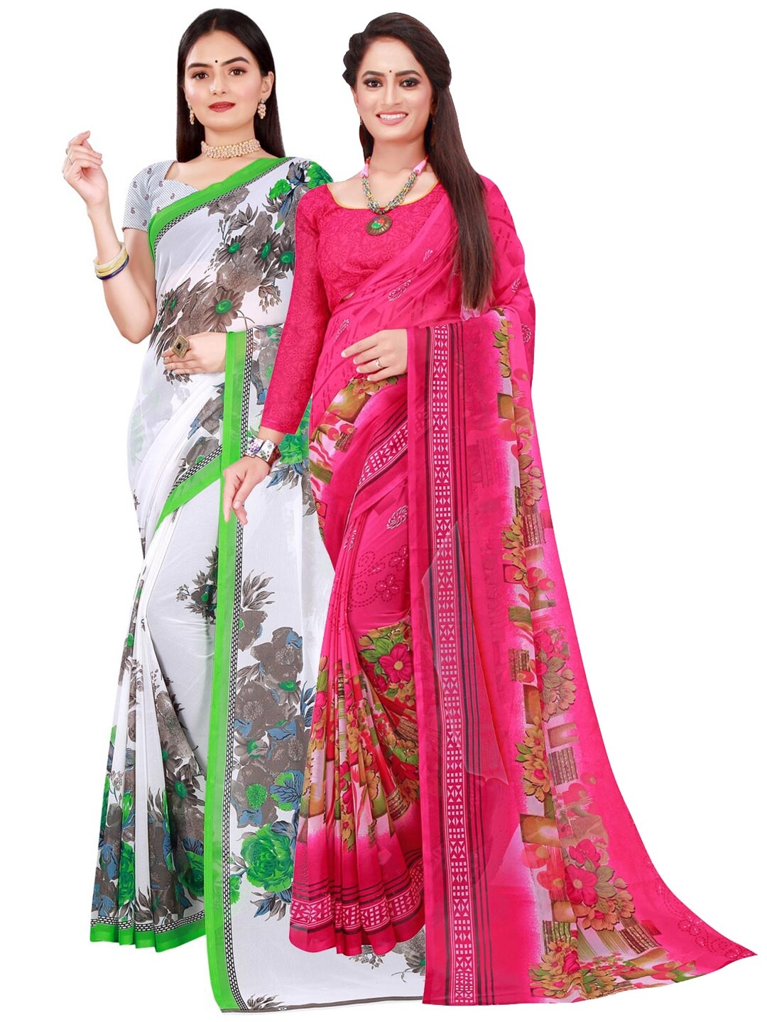 

KALINI White & Pink Pack of 2 Floral Pure Georgette Saree