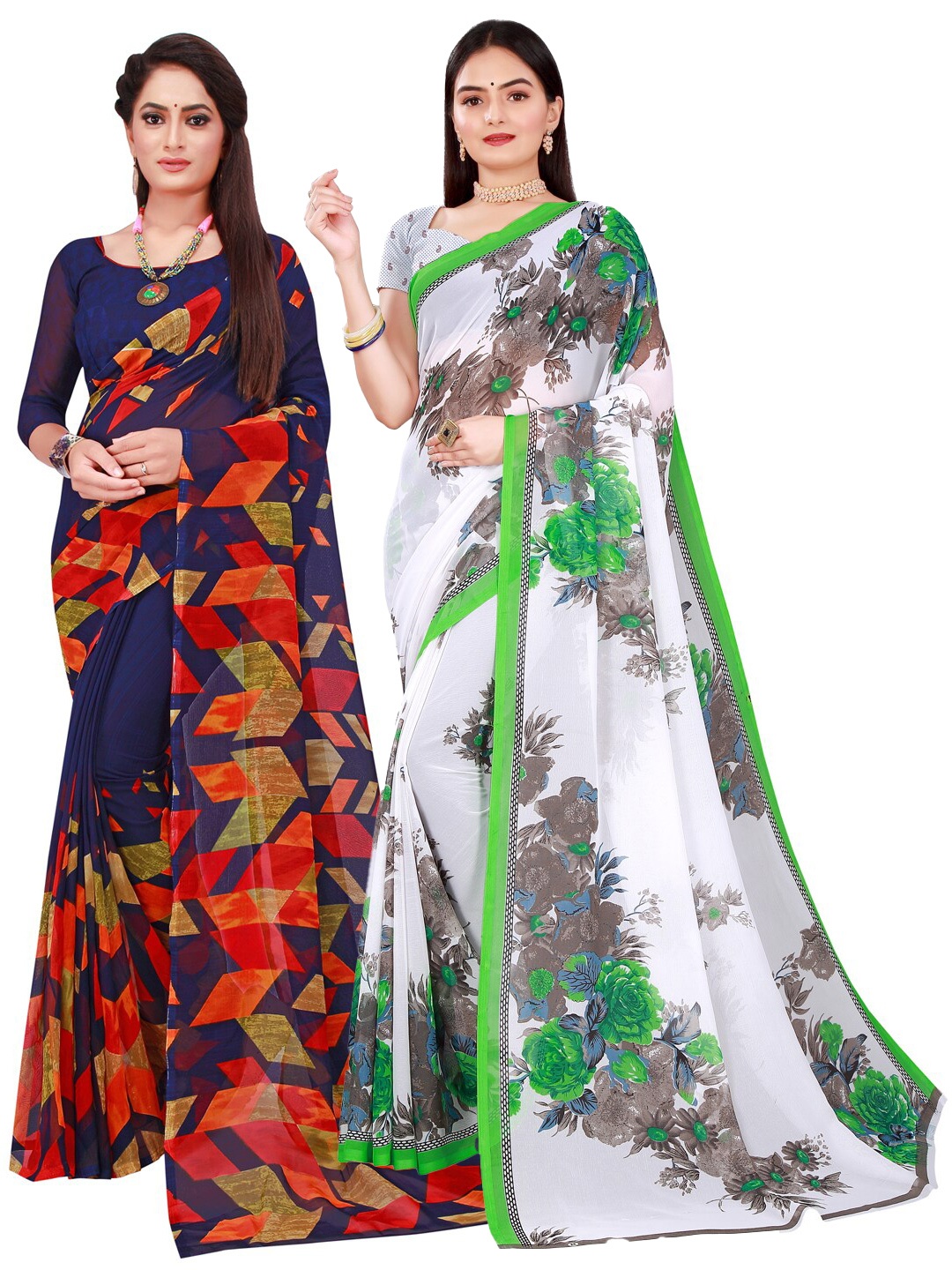 

KALINI White & Navy Blue Pure Georgette Saree