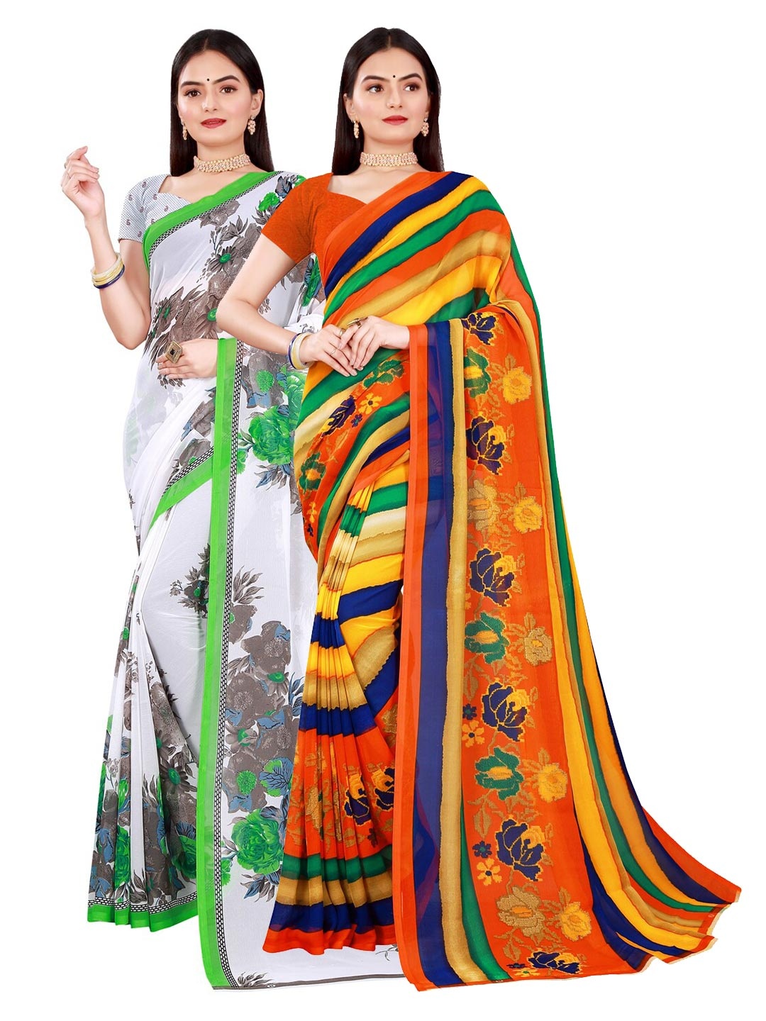 

KALINI Set Of 2 White & Green Floral Pure Georgette Saree