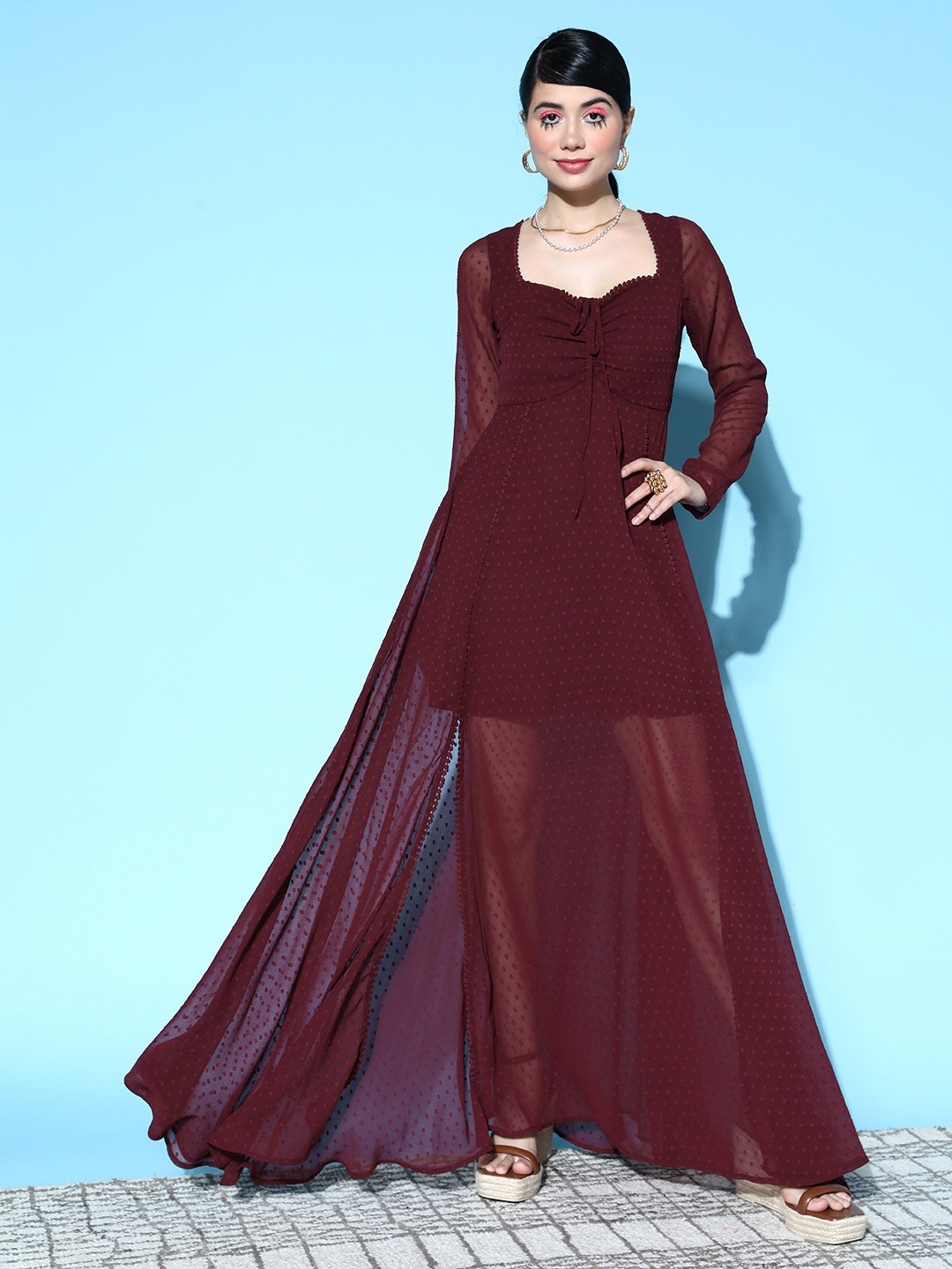 

Berrylush Maroon Swiss Dot Tied Dobby Georgette Mesh Maxi Dress