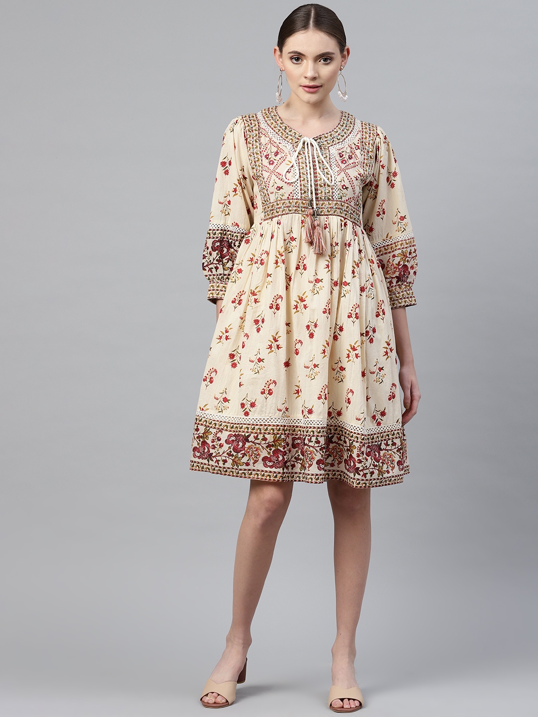 

Readiprint Fashions Cream-Coloured & Red Floral Printed A-Line Dress