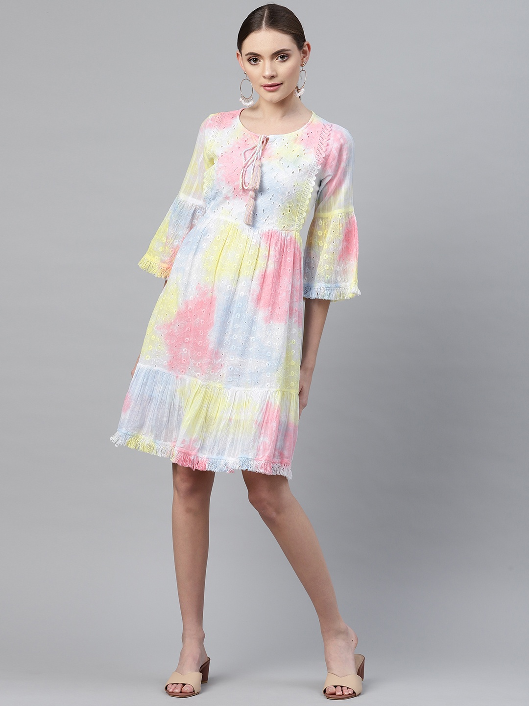 

Readiprint Fashions Blue & Yellow Tie and Dye Schiffli A-Line Dress