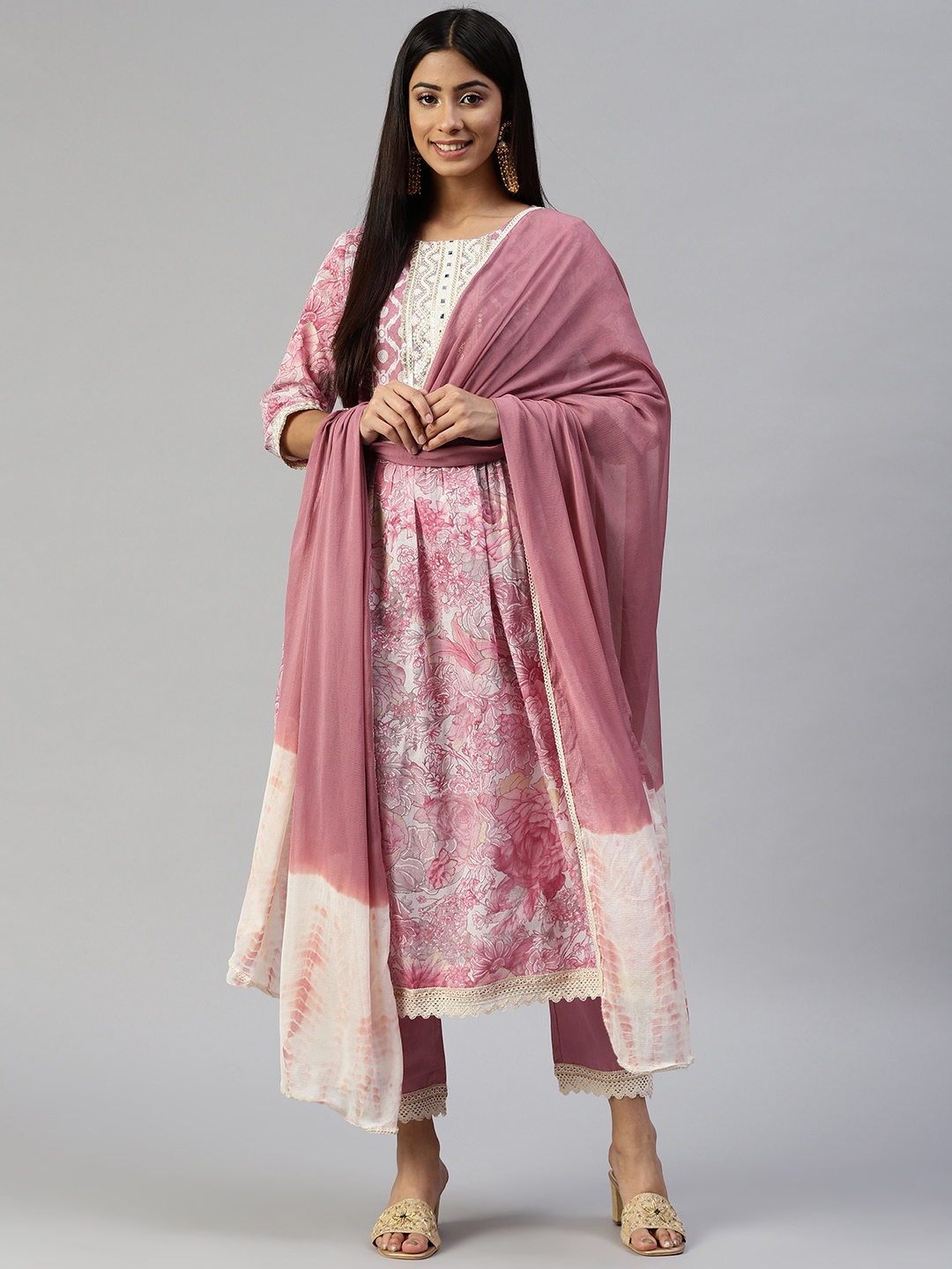 

Readiprint Fashions Women Pink Yoke Design Pleated Mirror Work Pure Cotton Kurta with Palazzos & With