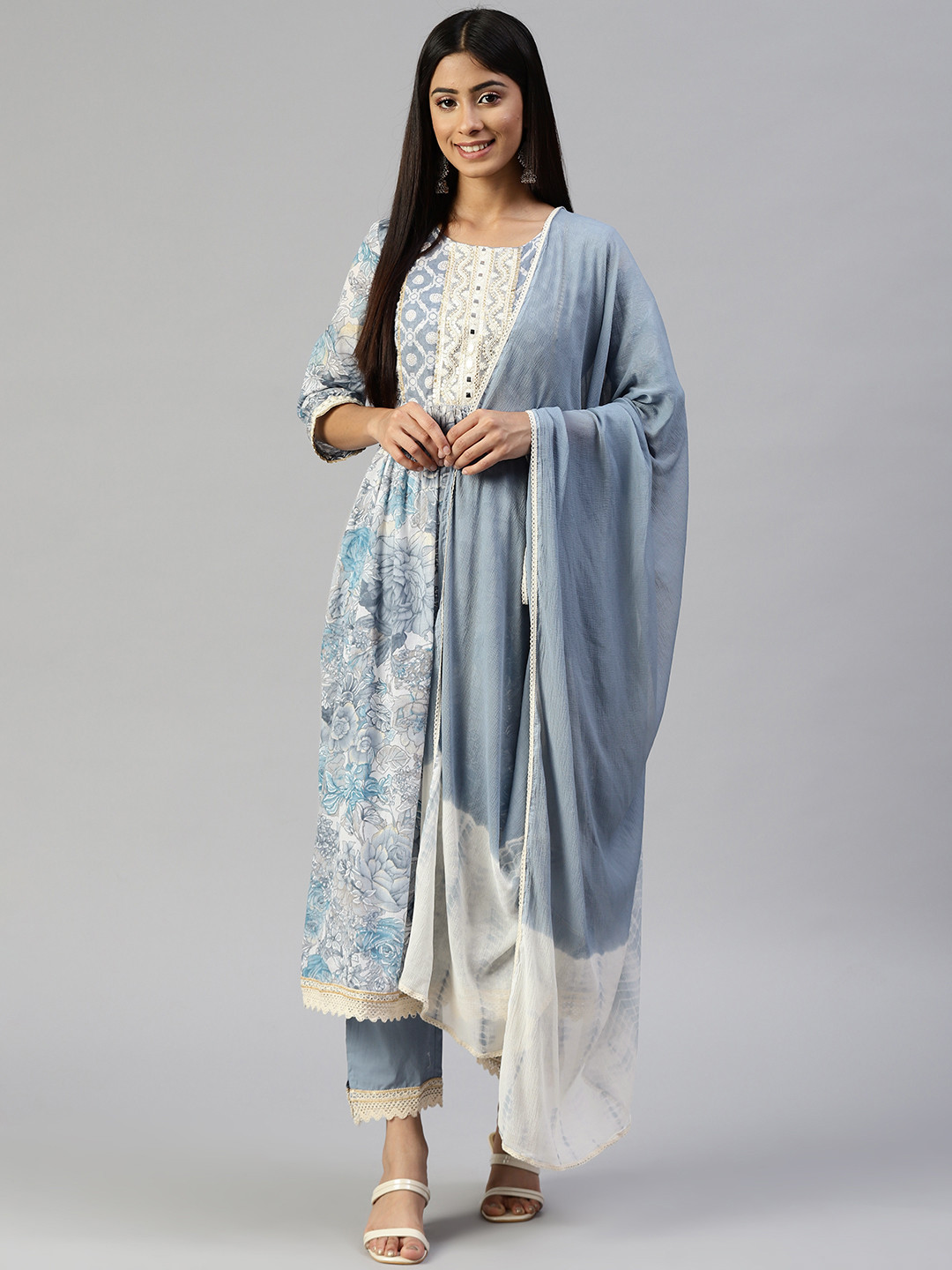 

Readiprint Fashions Women Grey Yoke Design Pleated Mirror Work Pure Cotton Kurta with Palazzos & With