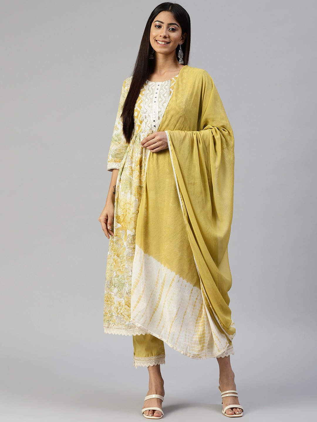 

Readiprint Fashions Women Lime Green Yoke Design Pleated Mirror Work Pure Cotton Kurta with Palazzos & With