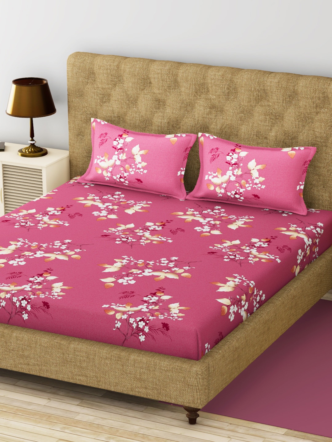 

BIANCA Unisex Pink Floral Printed 200 TC King Bedsheet With 2 Pillow Covers