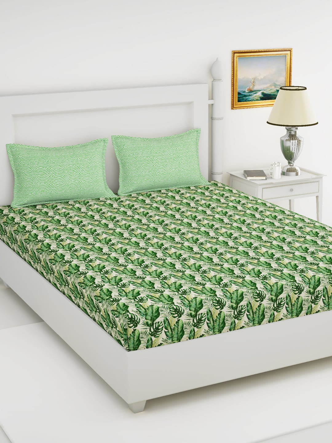 

BIANCA Green Floral Printed 144 TC King Bedsheet With 2 Pillow Covers