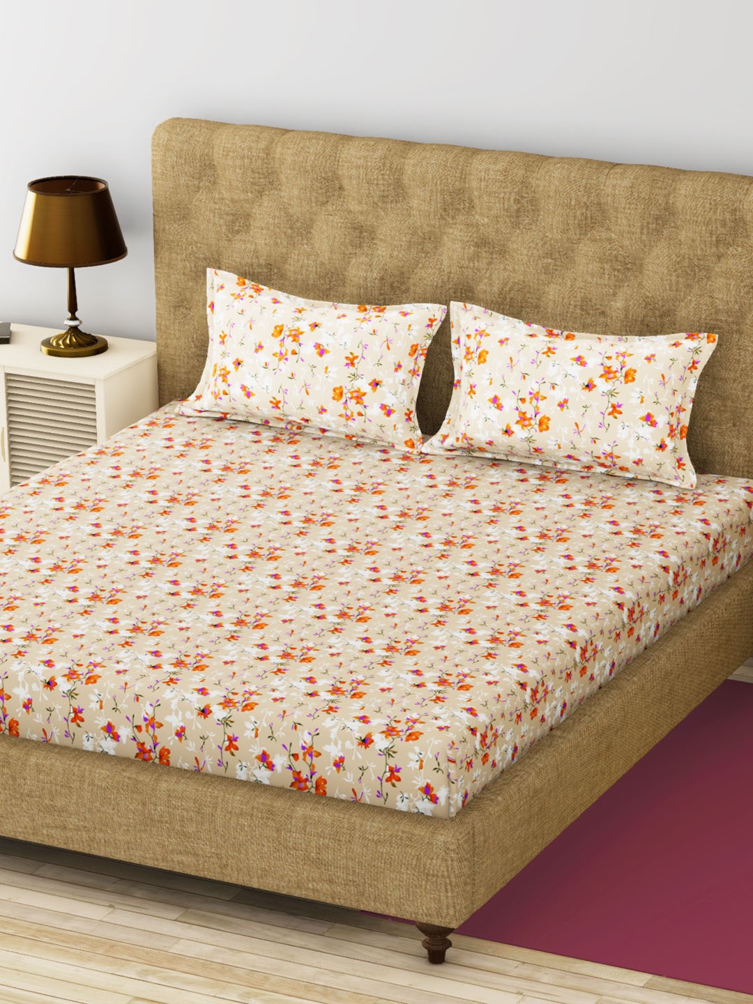 

BIANCA Beige & Red Floral 200 TC King Bedsheet with 2 Pillow Covers