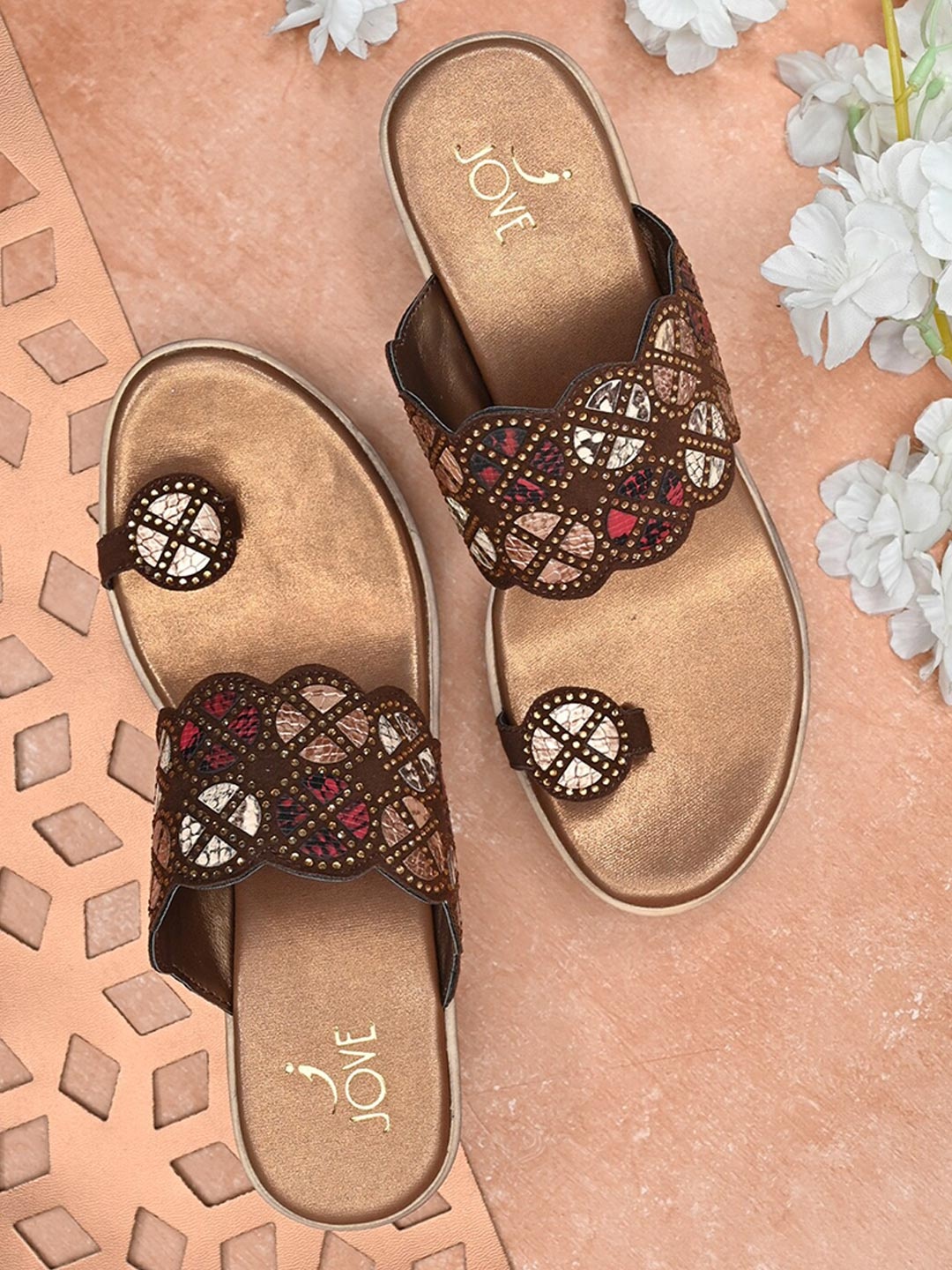 

Jove Women Copper-Toned Ethnic Embellished Wedge Sandals