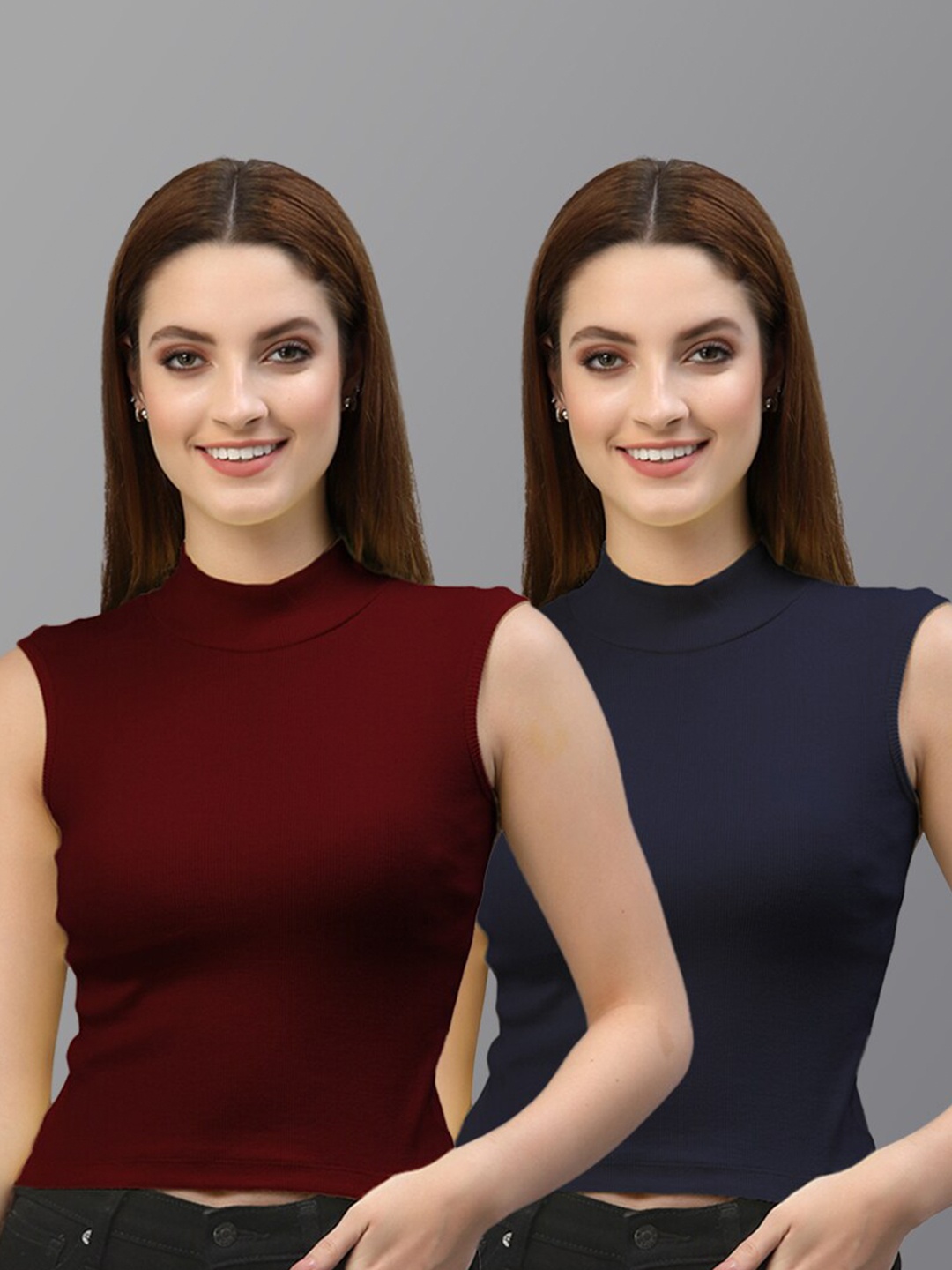 

Friskers Women Set Of 2 Maroon & Navy Blue Crop Top