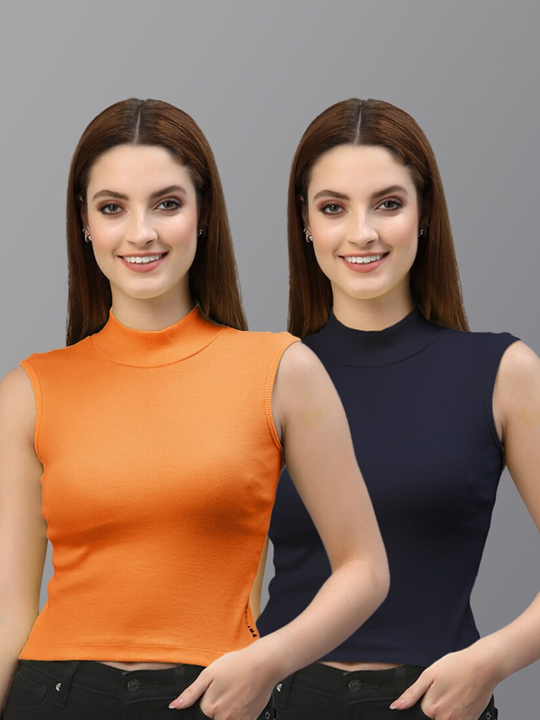 

Friskers Women Orange & Navy Blue Set Of 2 Crop Top