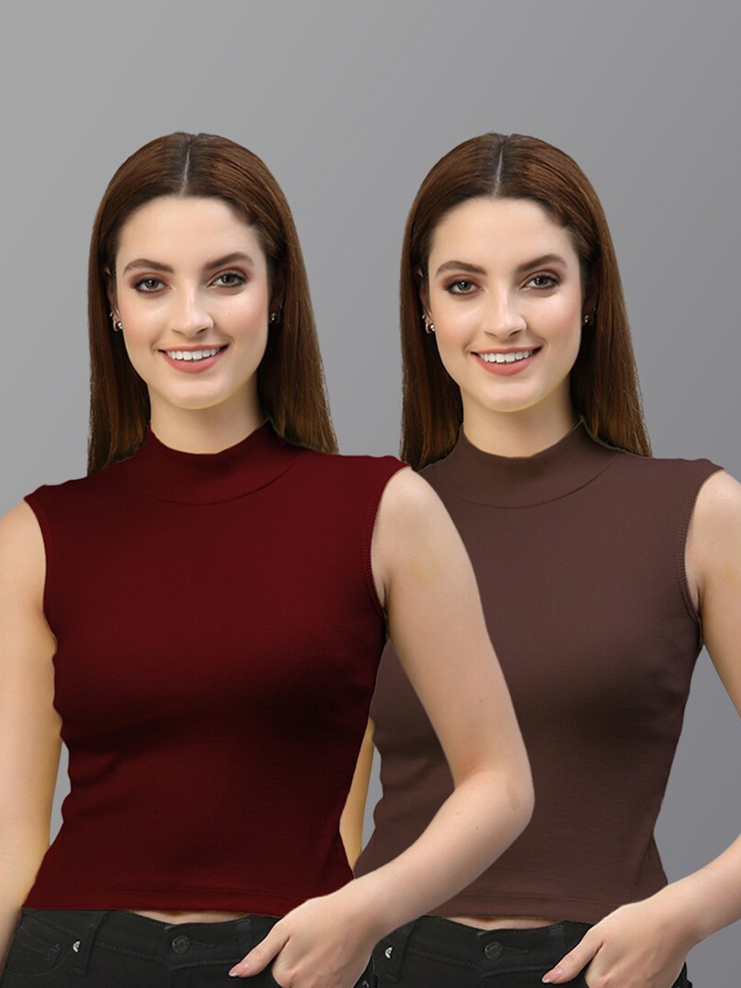 

Friskers Set Of 2 Maroon & Brown Solid Crop Top