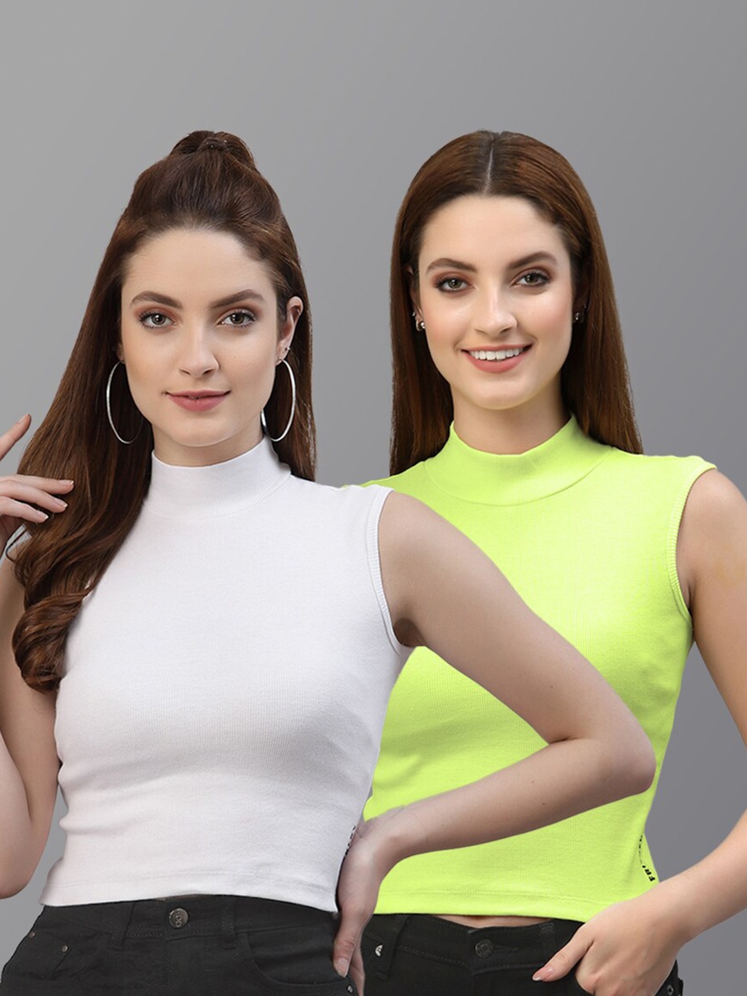 

Friskers Women Pack Of 2 White & Fluorescent Green Sleeveless Crop Top