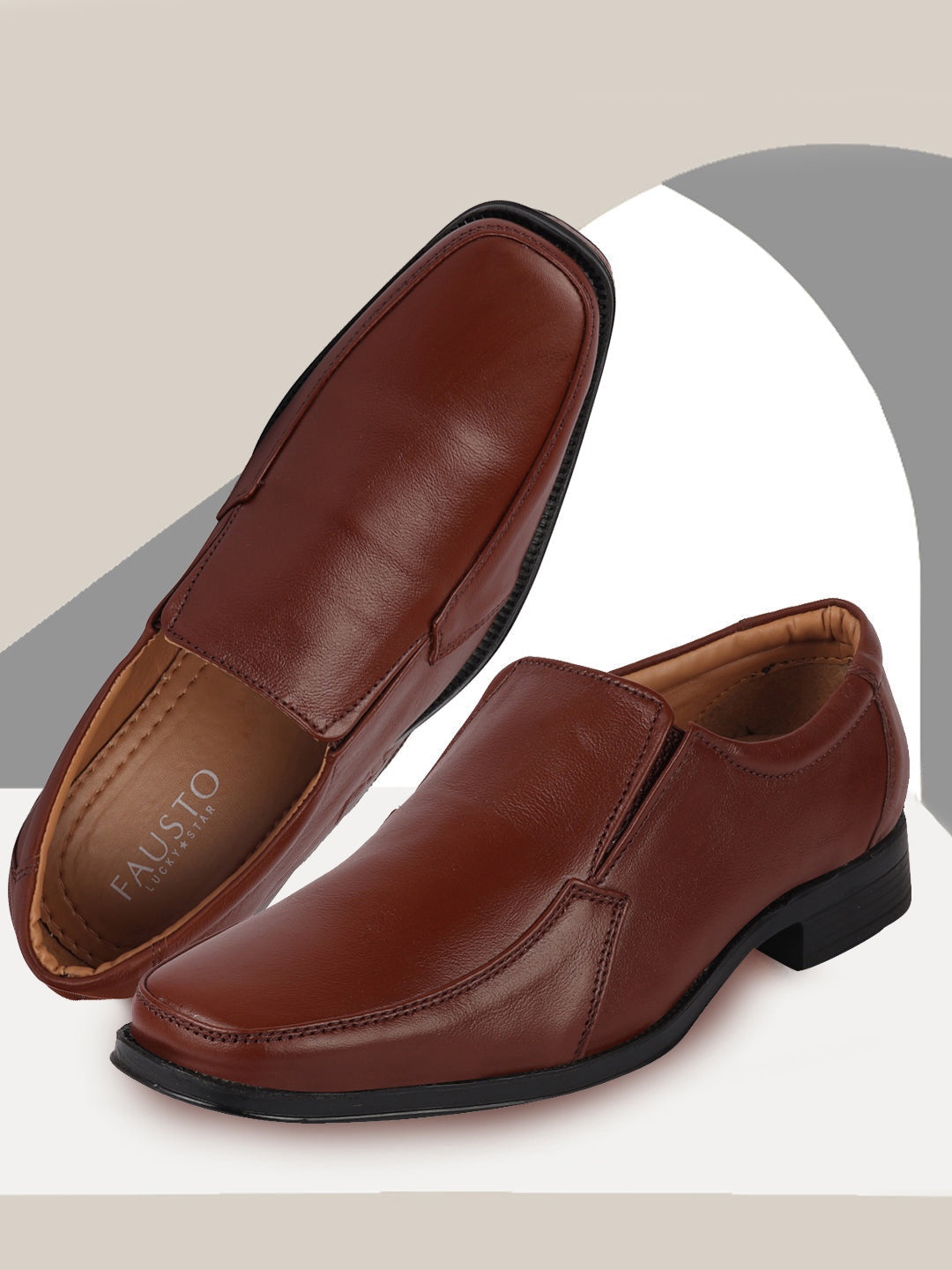 

FAUSTO Men Tan Brown Solid Leather Formal Slip-On