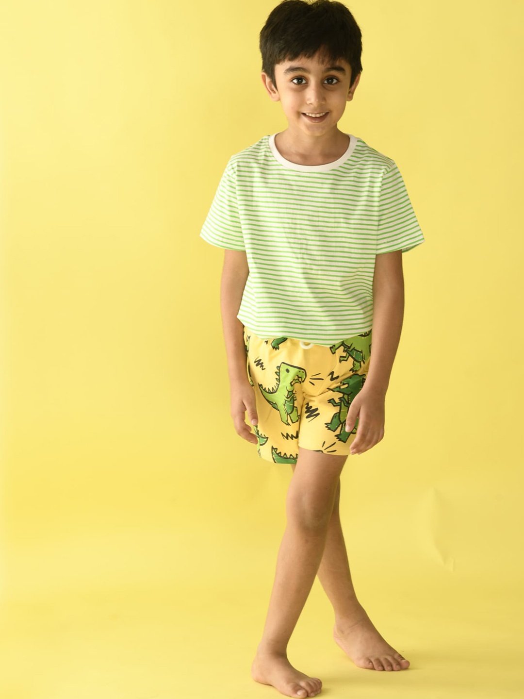 

Anthrilo Boys Green & Yellow Striped Pure Cotton T-shirt with Shorts