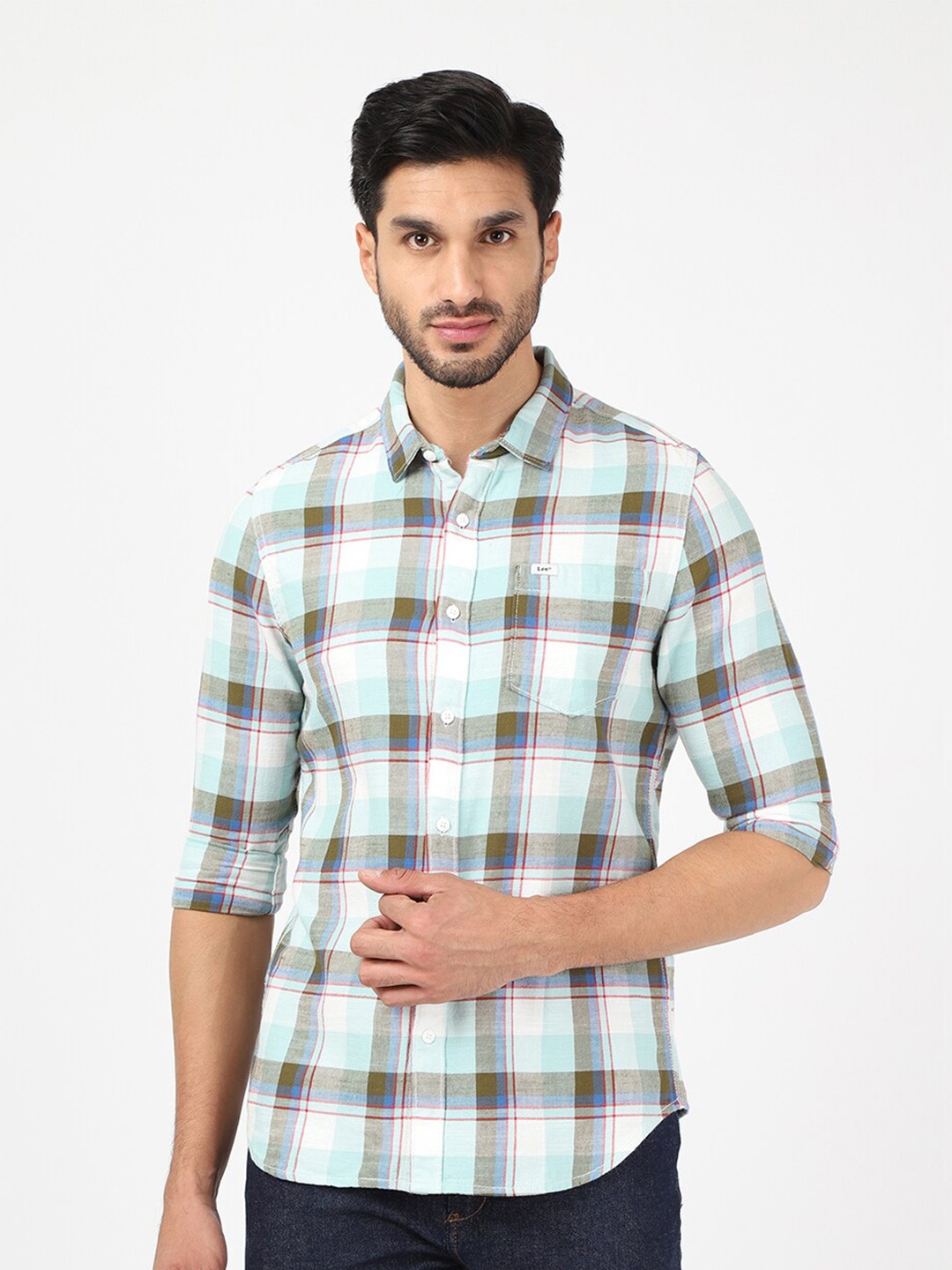 

Lee Men Grey Checked Cotton Classic Slim Fit Casual Shirt