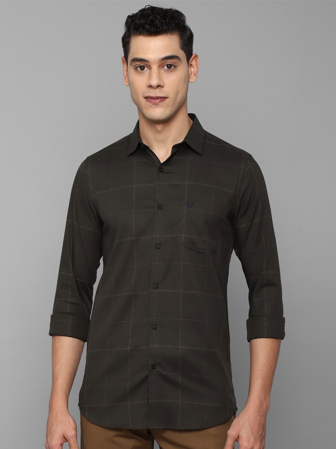 

Allen Solly Men Olive Green Slim Fit Windowpane Checks Checked Casual Shirt