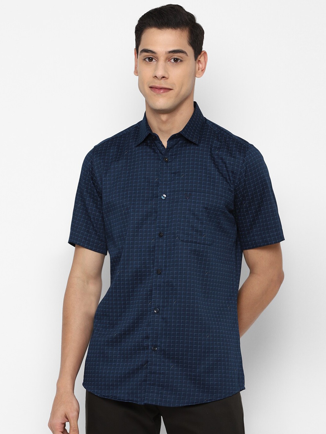 

Allen Solly Men Navy Blue Slim Fit Grid Tattersall Checks Checked Pure Cotton Casual Shirt