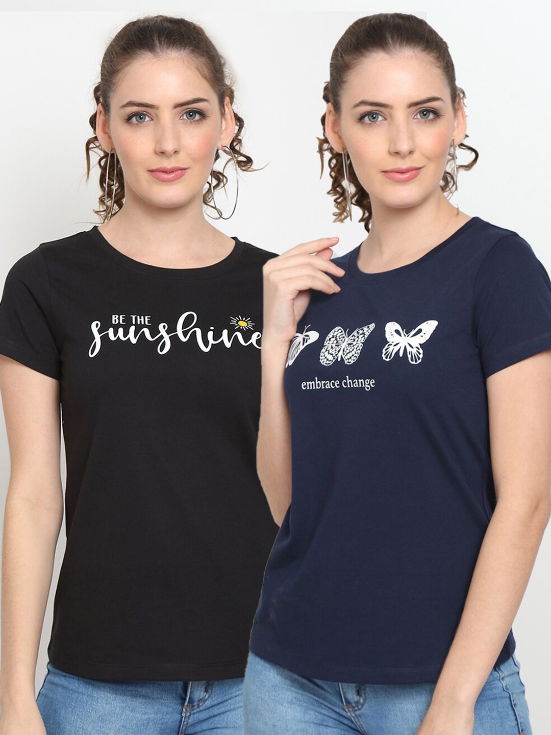 

UnaOne Women Black & Navy Blue Typography 2 Printed T-shirt