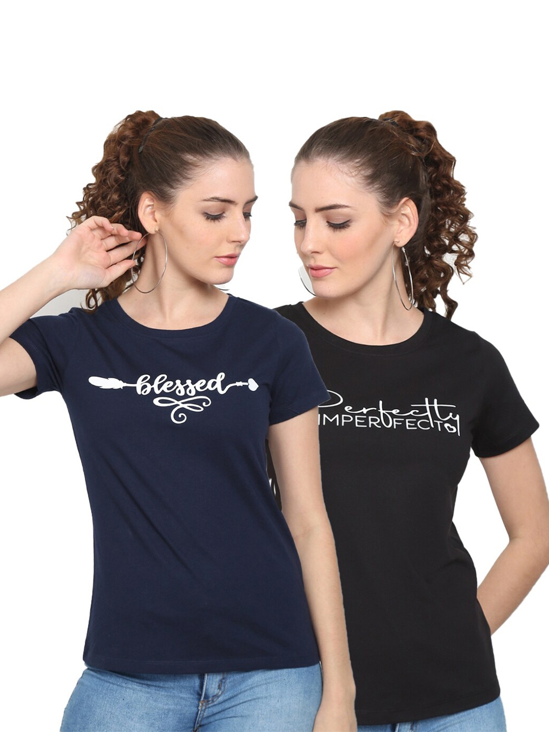 

UnaOne Women Black & Navy Blue Typography 2 Printed T-shirt