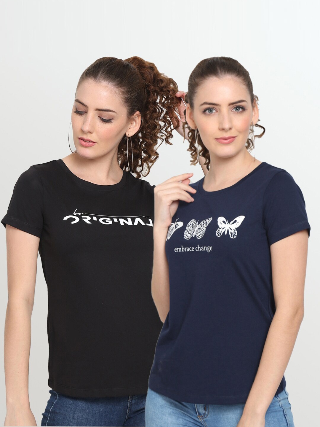 UnaOne Women Pack of 2 Plus Size Printed T-shirt, Black