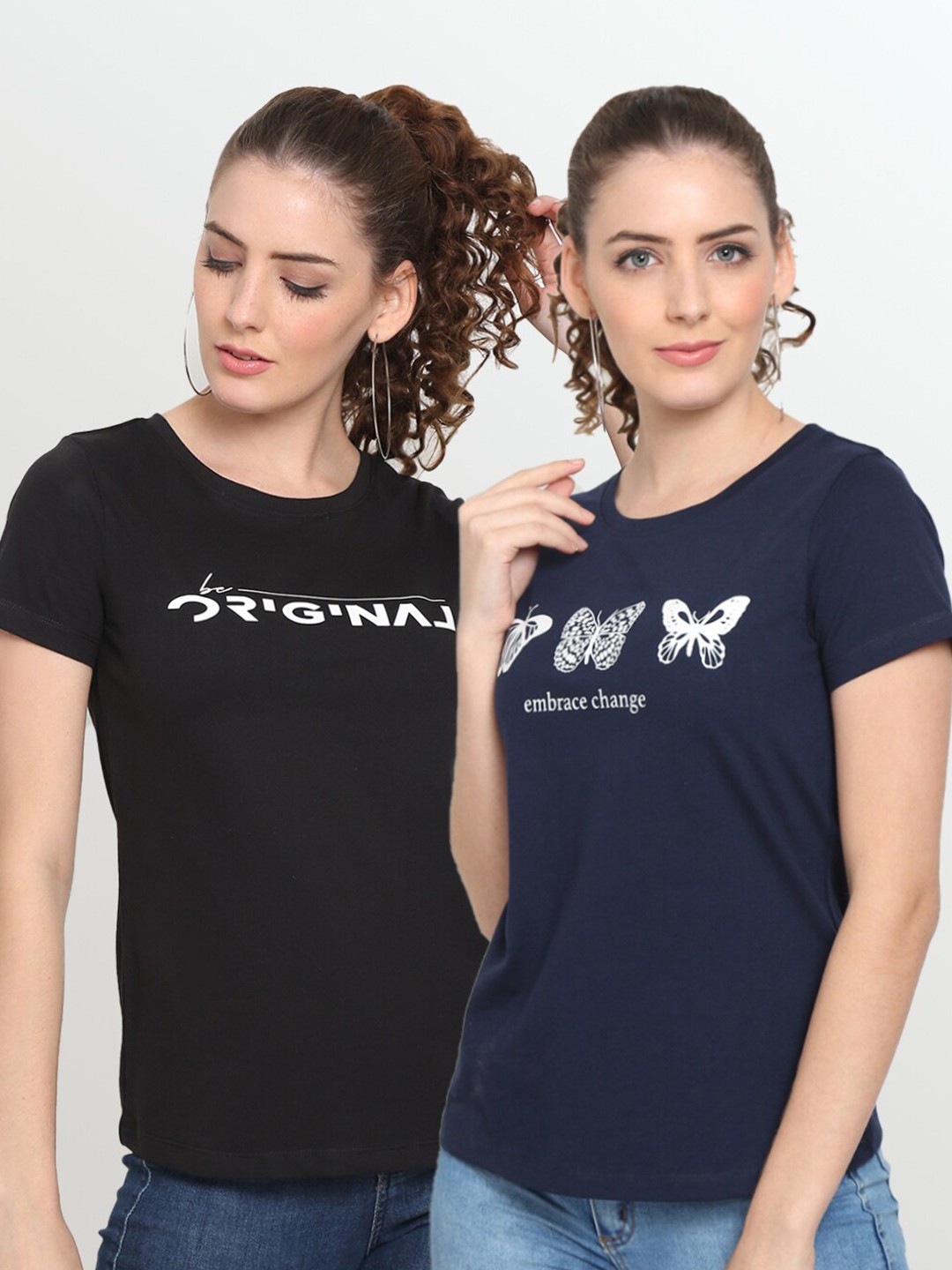 

UnaOne Women Black Pack Of 2 Printed Pure Cotton T-shirt