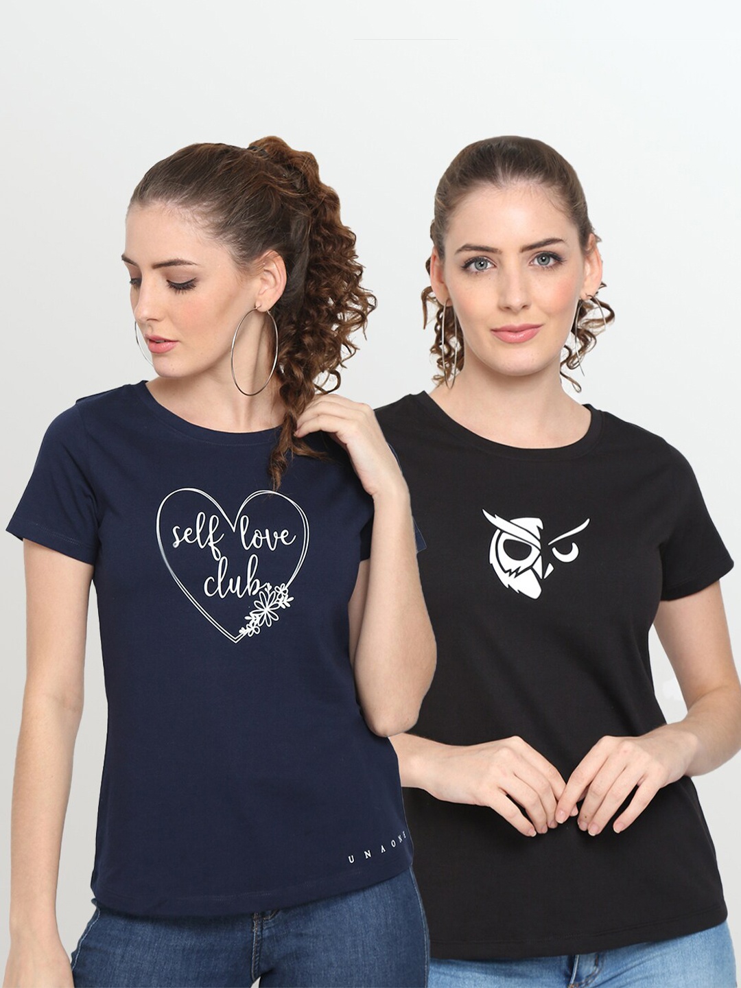 

UnaOne Women Black & Navy Blue set of 2 Printed T-shirt
