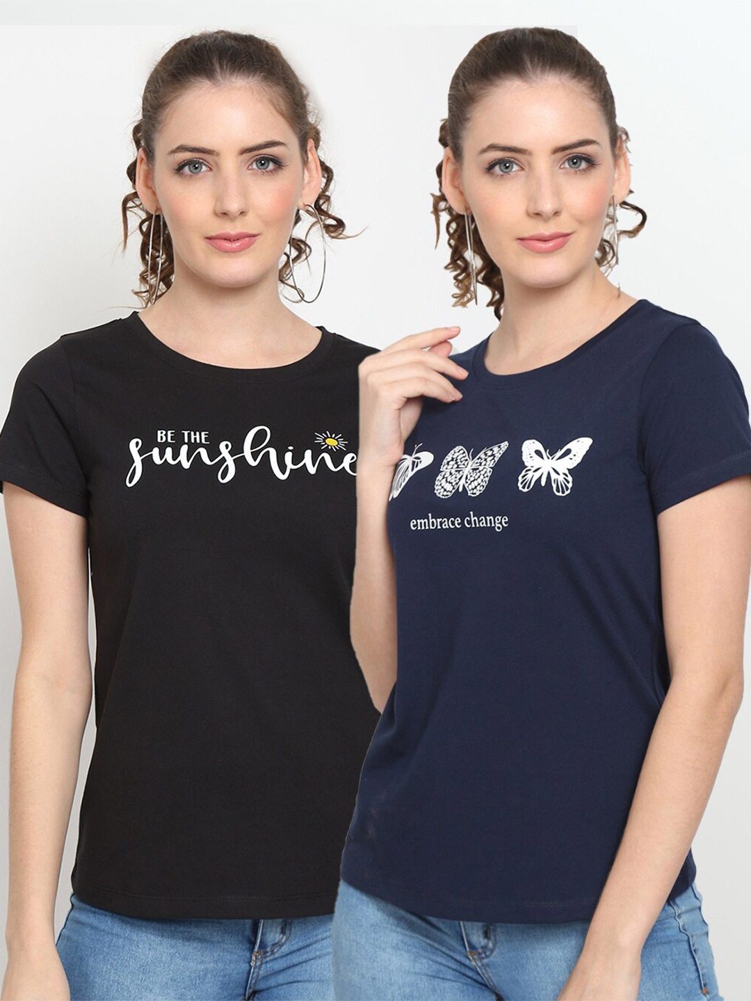 

UnaOne Women Pack of 2 Plus Size Typography Printed T-shirt, Black
