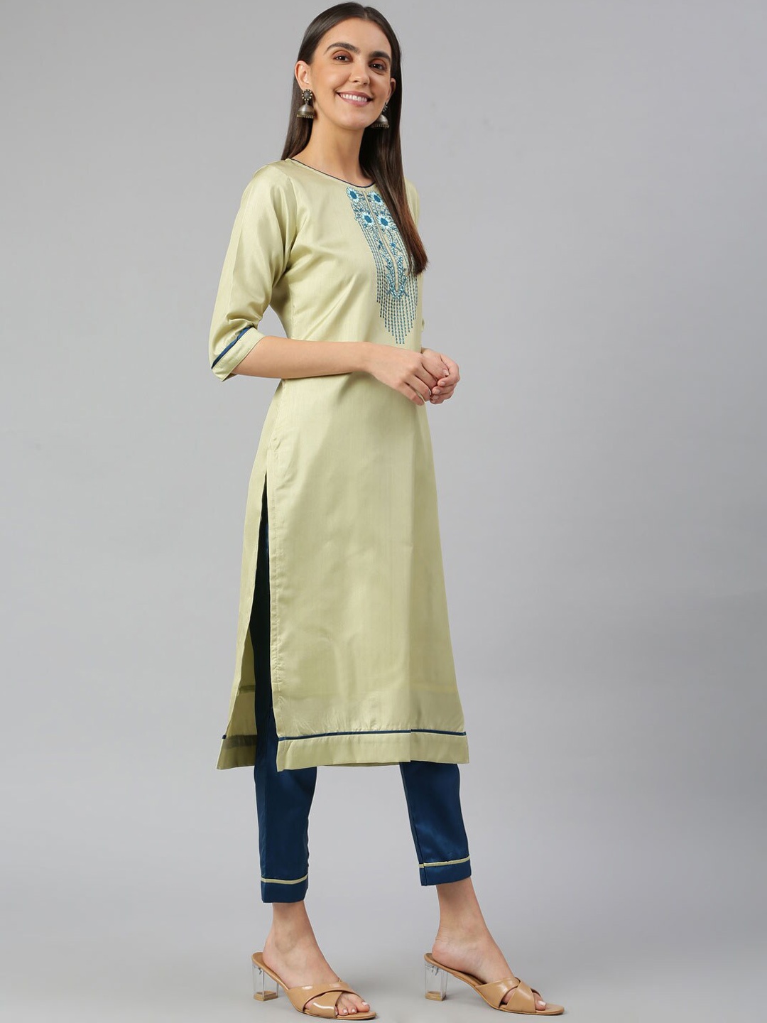 

Lilots Women Gold-Toned Embroidered Kurta with Trousers & Dupatta