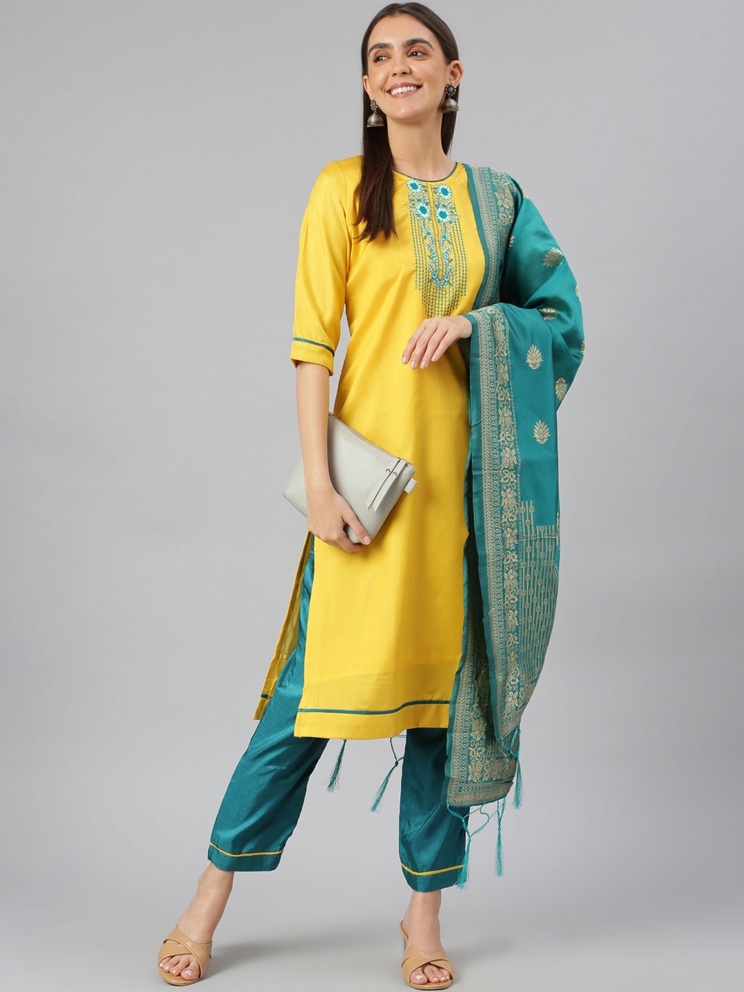 

Lilots Women Yellow & Green Floral Yoke Design Kurta with Trousers & With Dupatta