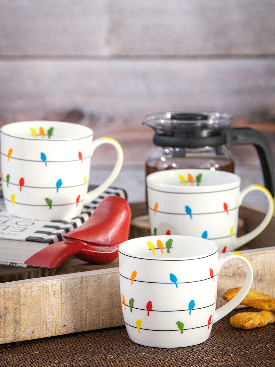 

GOODHOMES White & Blue Set of 3 Printed Bone China Glossy Mugs 280 ml Each