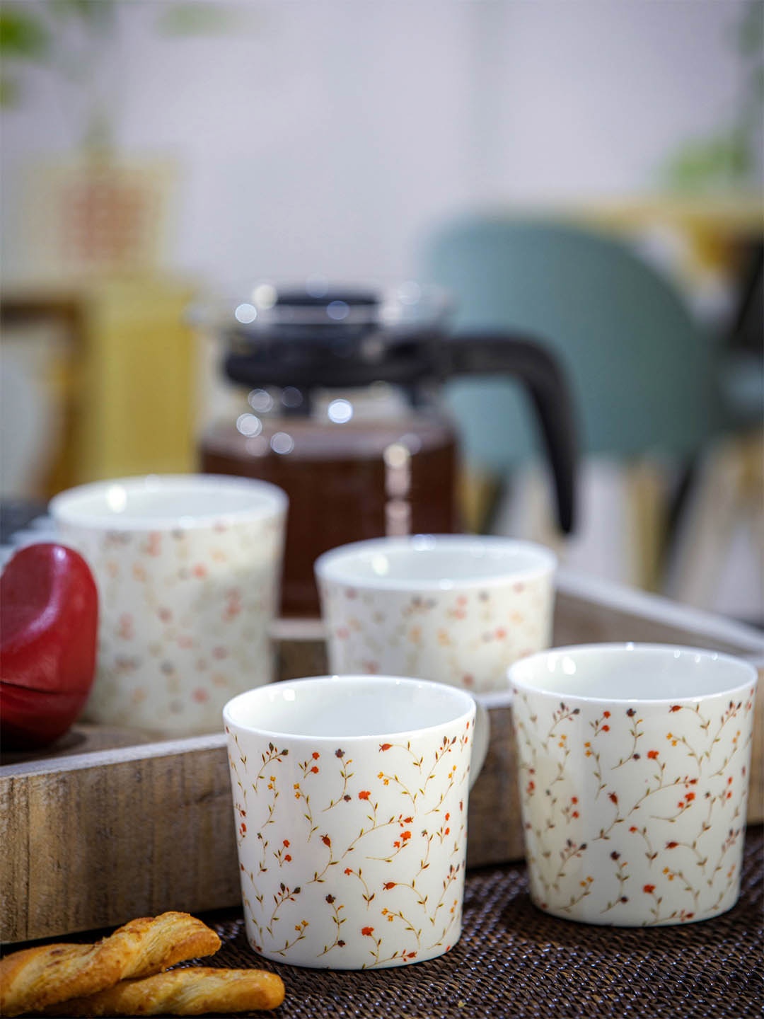 

GOODHOMES White & Orange Set Of 6 Printed Bone China Mugs180 ml Each