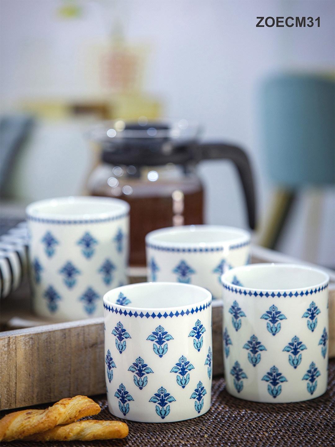 

GOODHOMES Set Of 6 White & Blue Printed Dishwasher Safe Bone China Mugs 210 ml Each