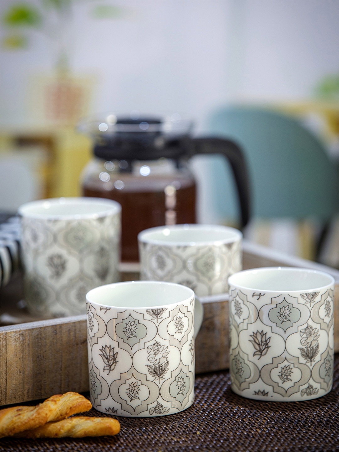 

GOODHOMES White & Brown Set Of 6 Ethnic Motifs Printed Tea/Coffee Mugs 210 ml Each