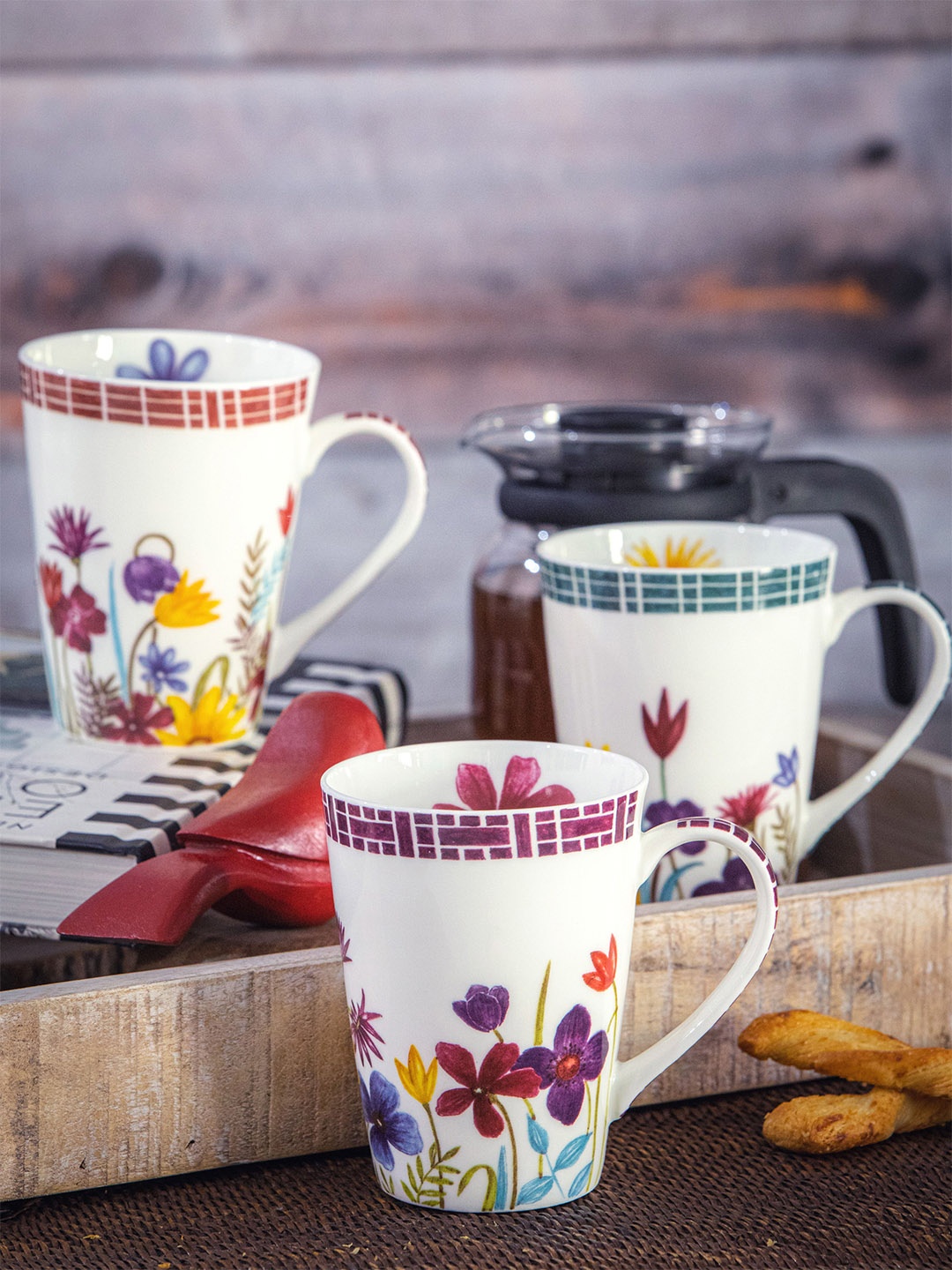 

GOODHOMES White & Yellow Set Of 3 Printed Bone China Glossy Mugs 280 ml Each