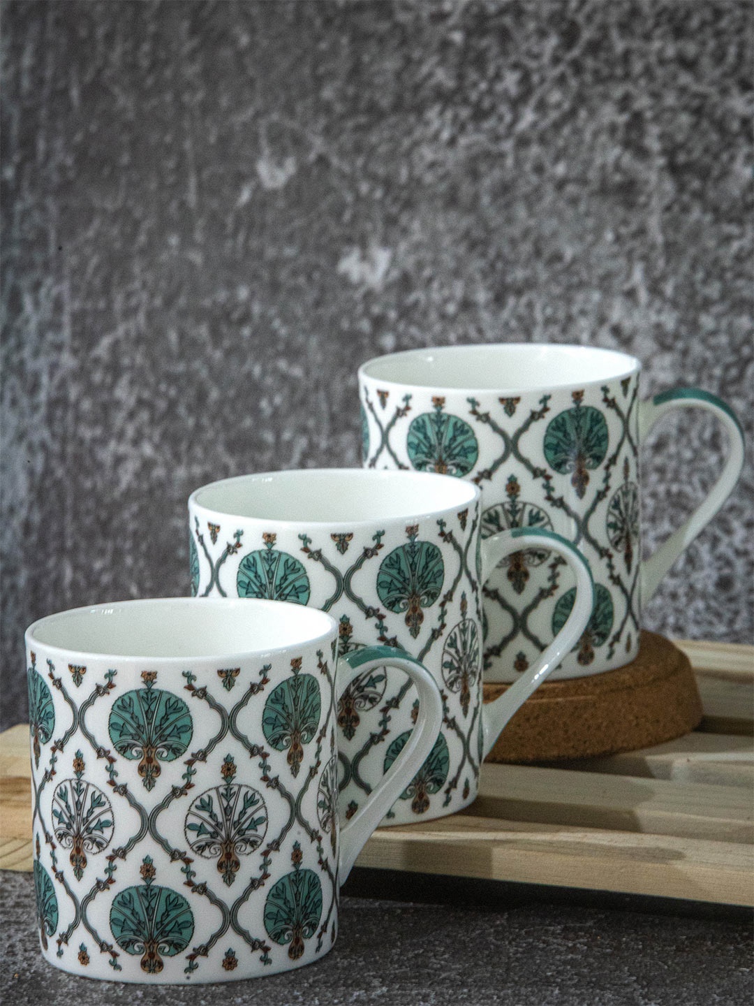 

GOODHOMES White & Green Set Of 6 Ethnic Motifs Printed Bone China Mugs 210 ml Each