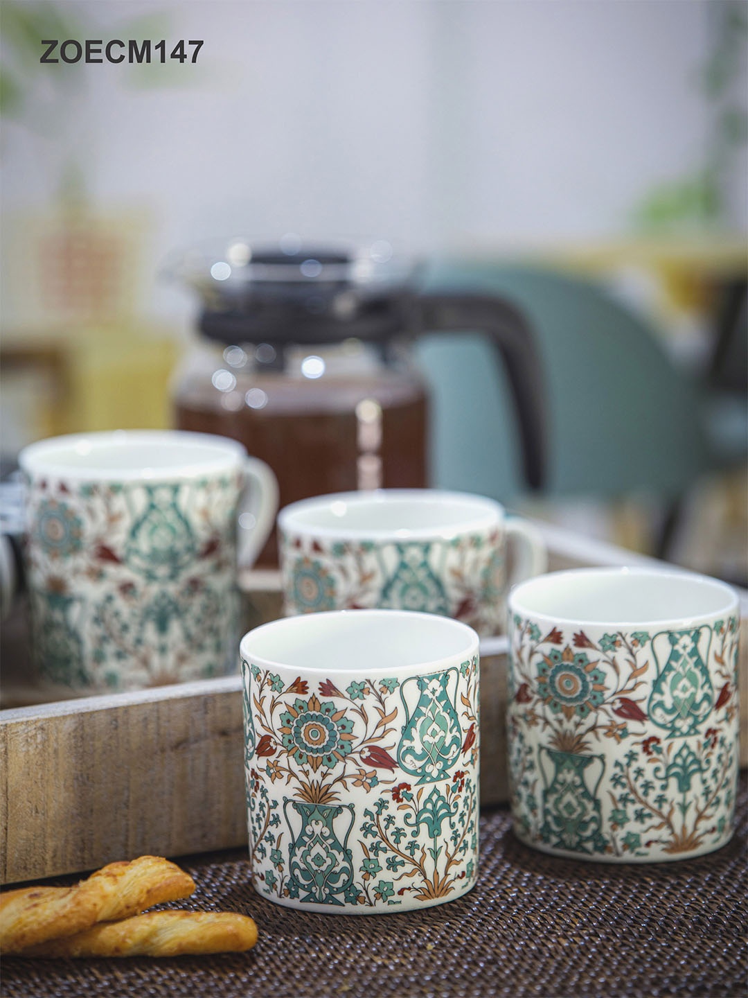 

GOODHOMES White & Green Set of 6 Floral Printed Bone China Mugs 210 ml Each