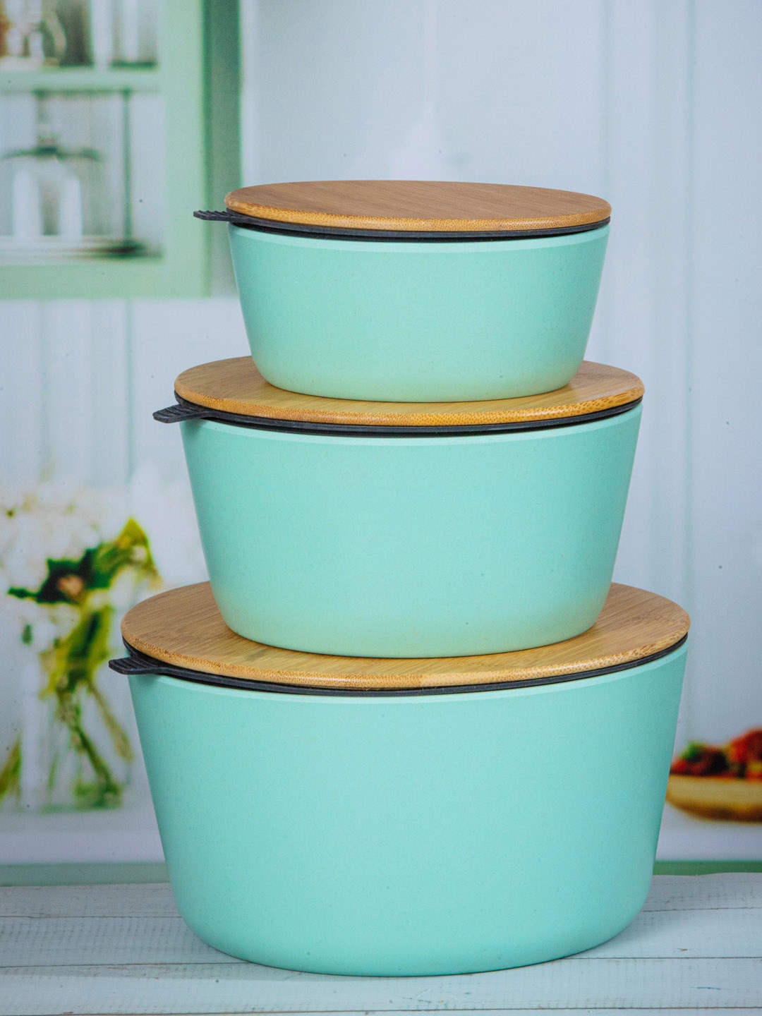 

Stehlen Green Pieces Of 3 Dishwasher & Microwave Safe Melamine Bowl with Wooden Lid