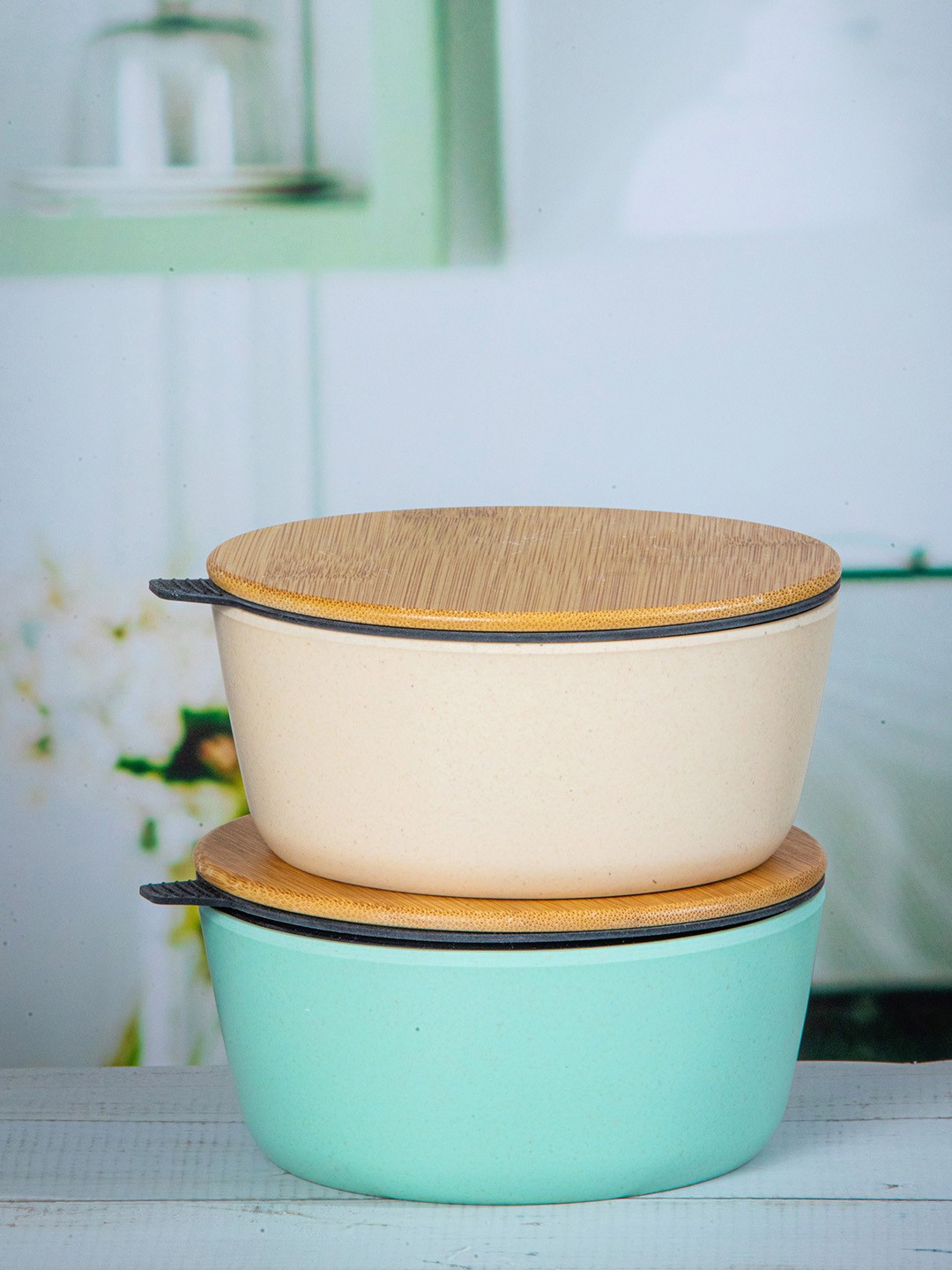 

Stehlen Blue & Beige Set Of 2 Dishwasher & Microwave Safe Melamine Bowl with Lid 1 L Each