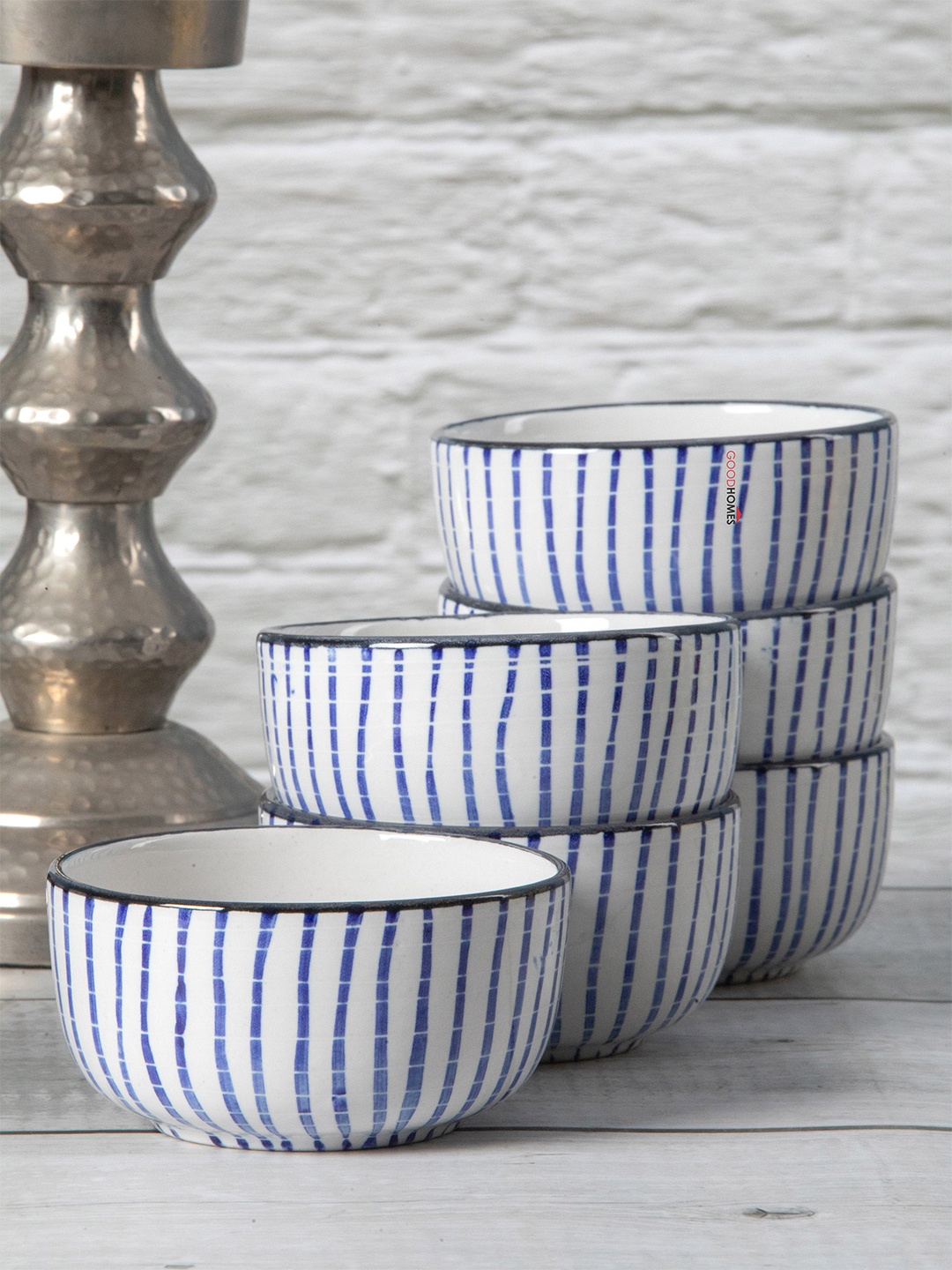 

GOODHOMES Blue & White Set of 6 Dishwasher & Microwave safe Stoneware Bowls 330ml each