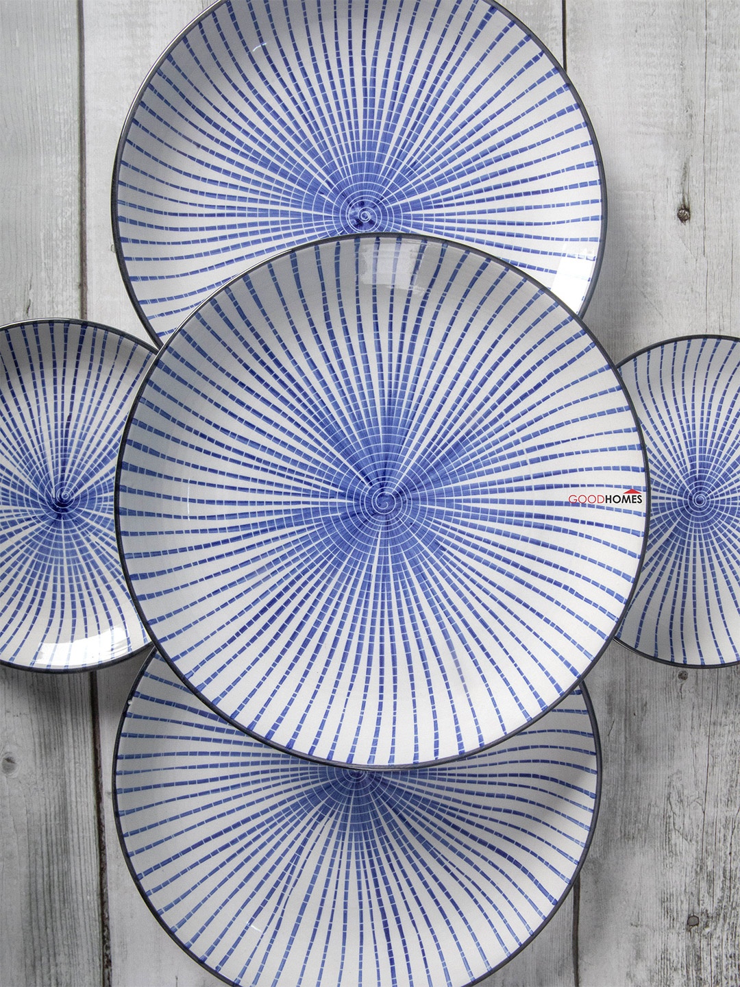 

GOODHOMES Set Of 4 White & Blue Printed Dishwasher &Microwave safe Stoneware Dinner Plates