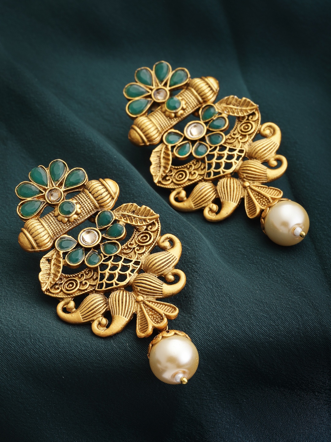 

PANASH Gold-Toned & Green Contemporary Drop Earrings