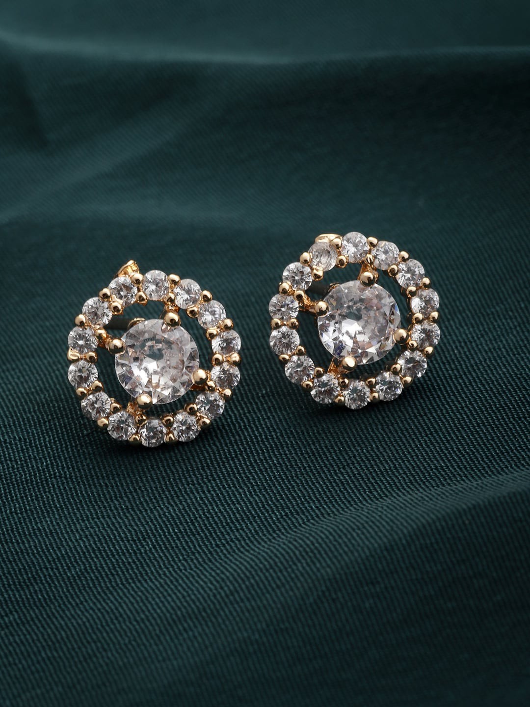 

VOGUE PANASH Gold-Toned & White American Diamond Studded Circular Studs Earrings